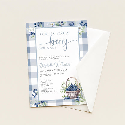 Berry Sprinkle Baby Shower Invitation Download – Blueberry Gingham Digital Download Invite, Cute Editable Baby Sprinkle Template BL21