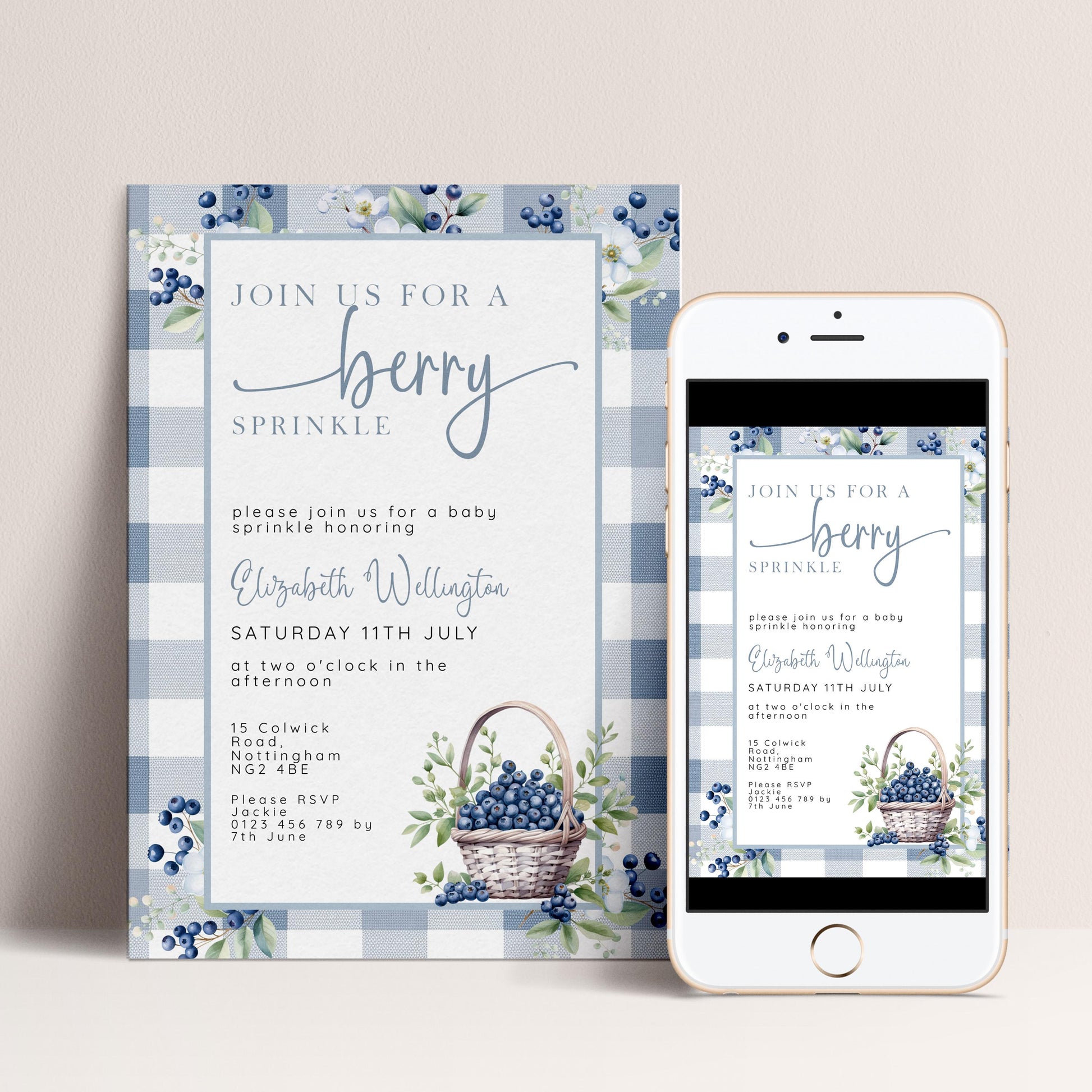 Berry Sprinkle Baby Shower Invitation Download – Blueberry Gingham Digital Download Invite, Cute Editable Baby Sprinkle Template BL21