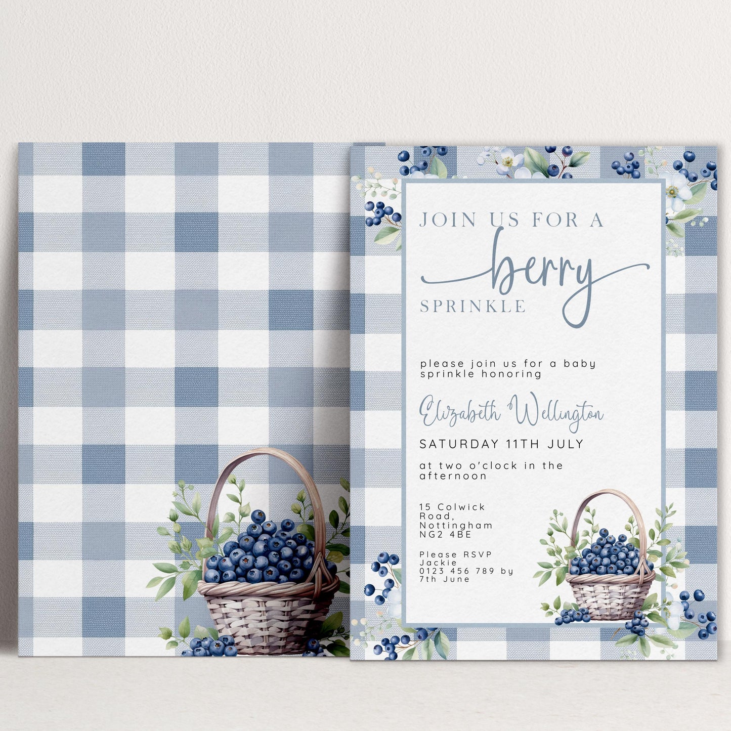 Berry Sprinkle Baby Shower Invitation Download – Blueberry Gingham Digital Download Invite, Cute Editable Baby Sprinkle Template BL21