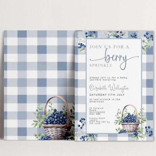 Berry Sprinkle Baby Shower Invitation Download – Blueberry Gingham Digital Download Invite, Cute Editable Baby Sprinkle Template BL21