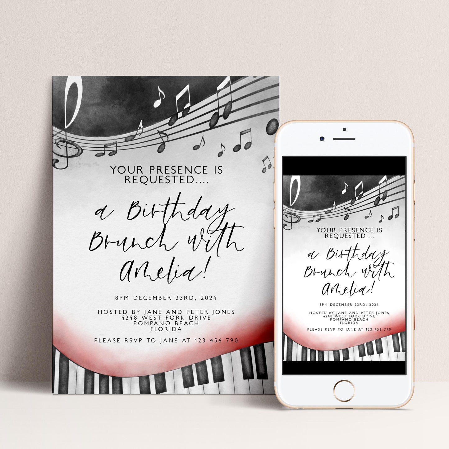 Birthday Brunch Invitation Music Notes Piano Keys Editable Printable Invitation Instant Download Editable Template Corjl