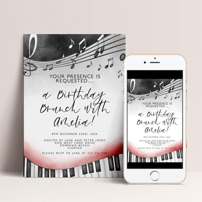 Birthday Brunch Invitation Music Notes Piano Keys Editable Printable Invitation Instant Download Editable Template Corjl