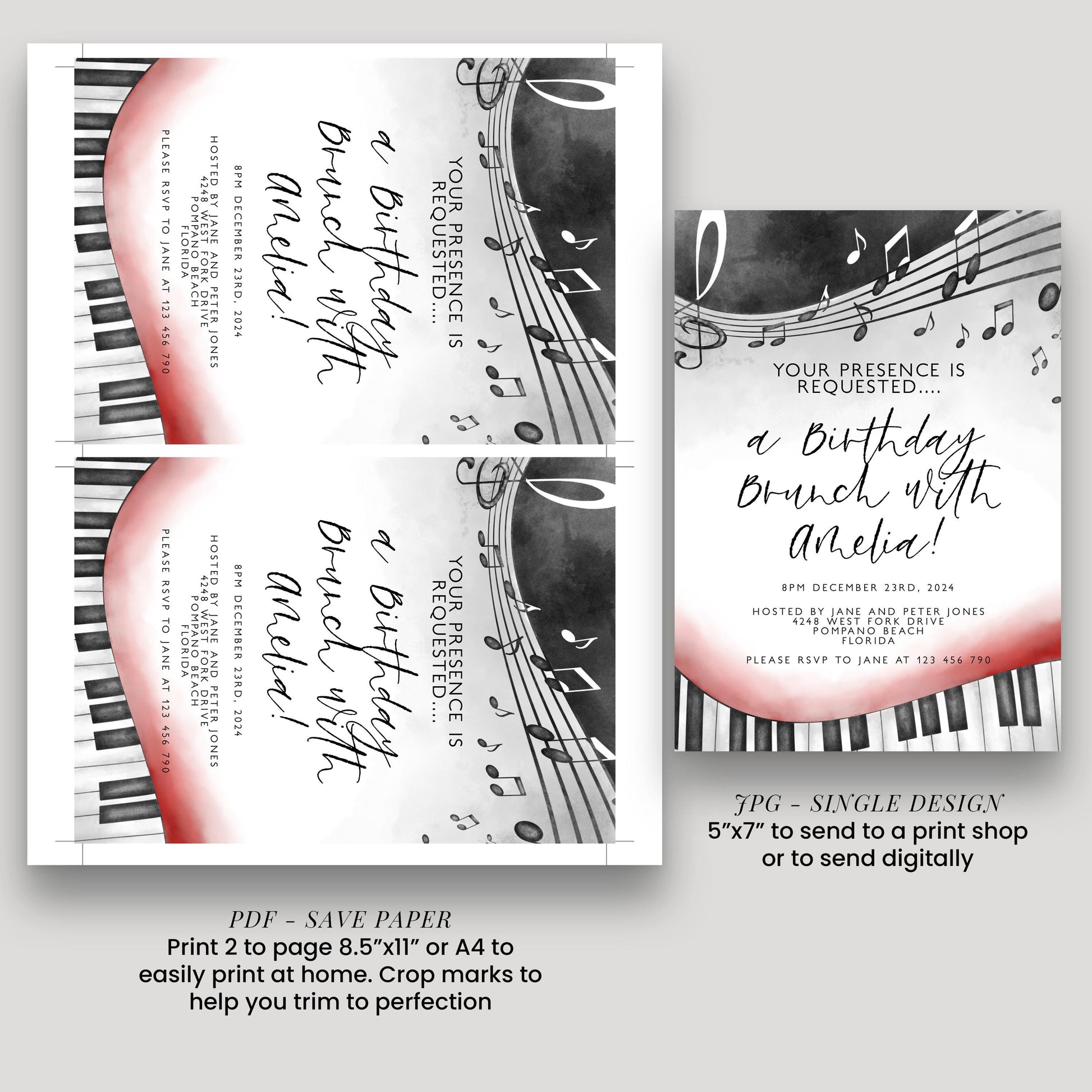 Birthday Brunch Invitation Music Notes Piano Keys Editable Printable Invitation Instant Download Editable Template Corjl