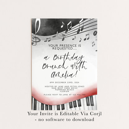 Birthday Brunch Invitation Music Notes Piano Keys Editable Printable Invitation Instant Download Editable Template Corjl