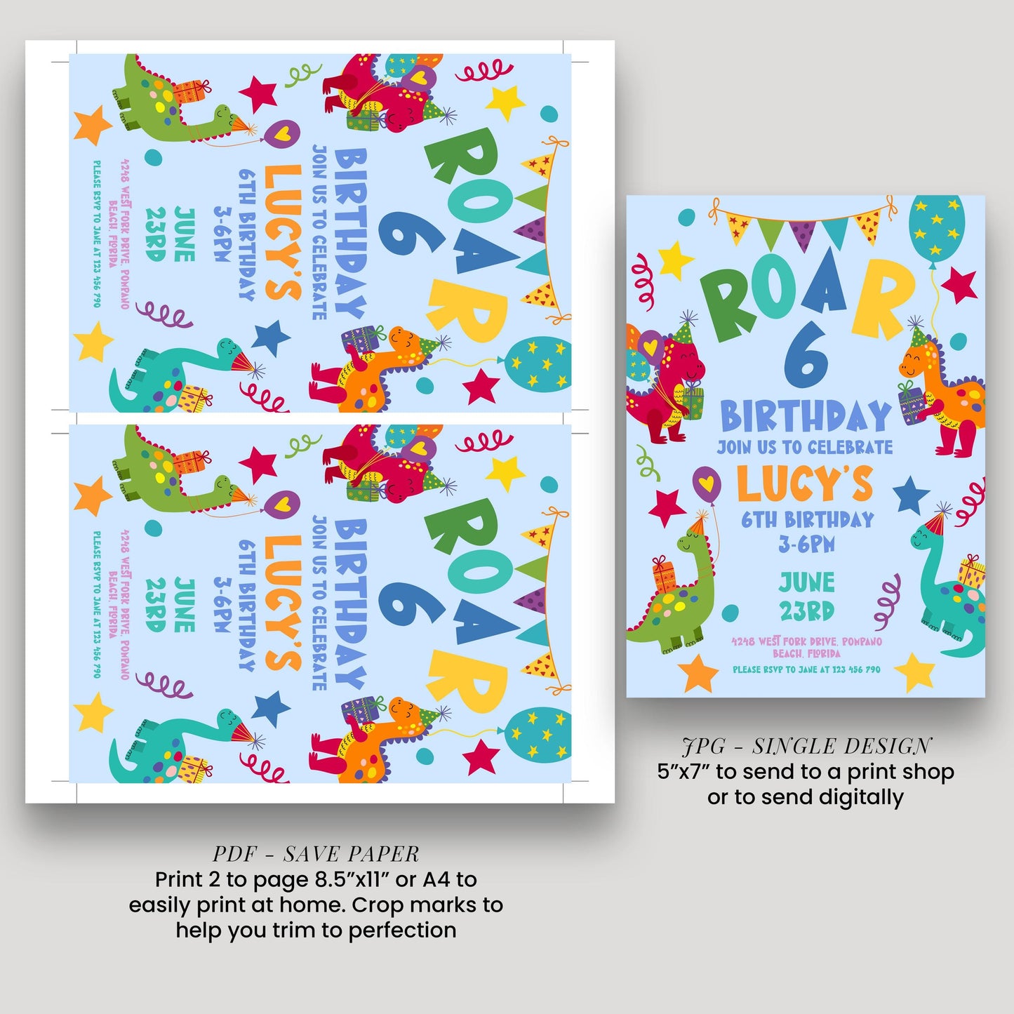 Birthday Invitation: Colorful Dinosaur Theme - Editable, Printable Invite