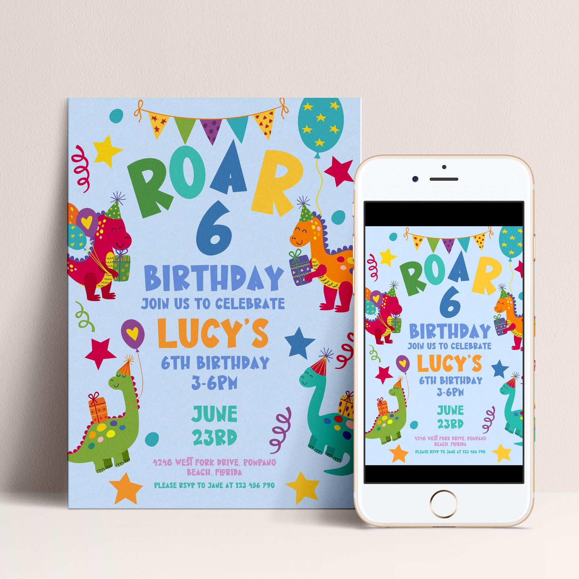 Birthday Invitation: Colorful Dinosaur Theme - Editable, Printable Invite