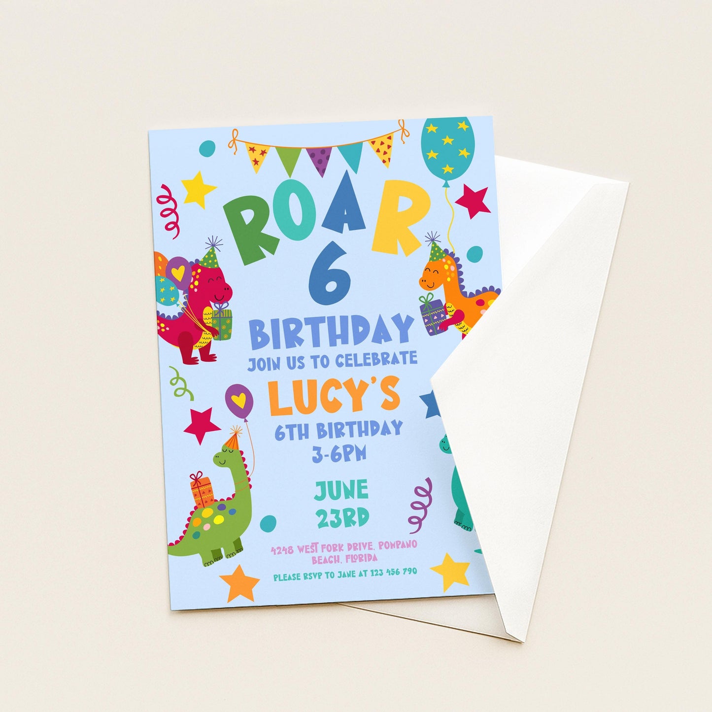Birthday Invitation: Colorful Dinosaur Theme - Editable, Printable Invite