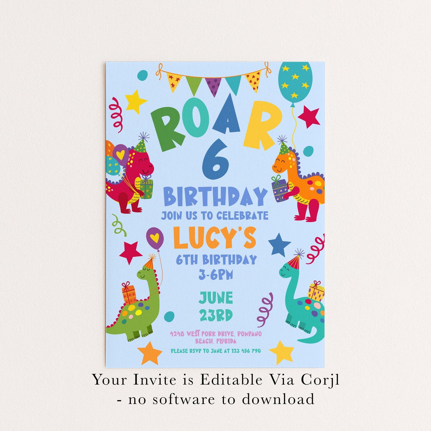 Birthday Invitation: Colorful Dinosaur Theme - Editable, Printable Invite