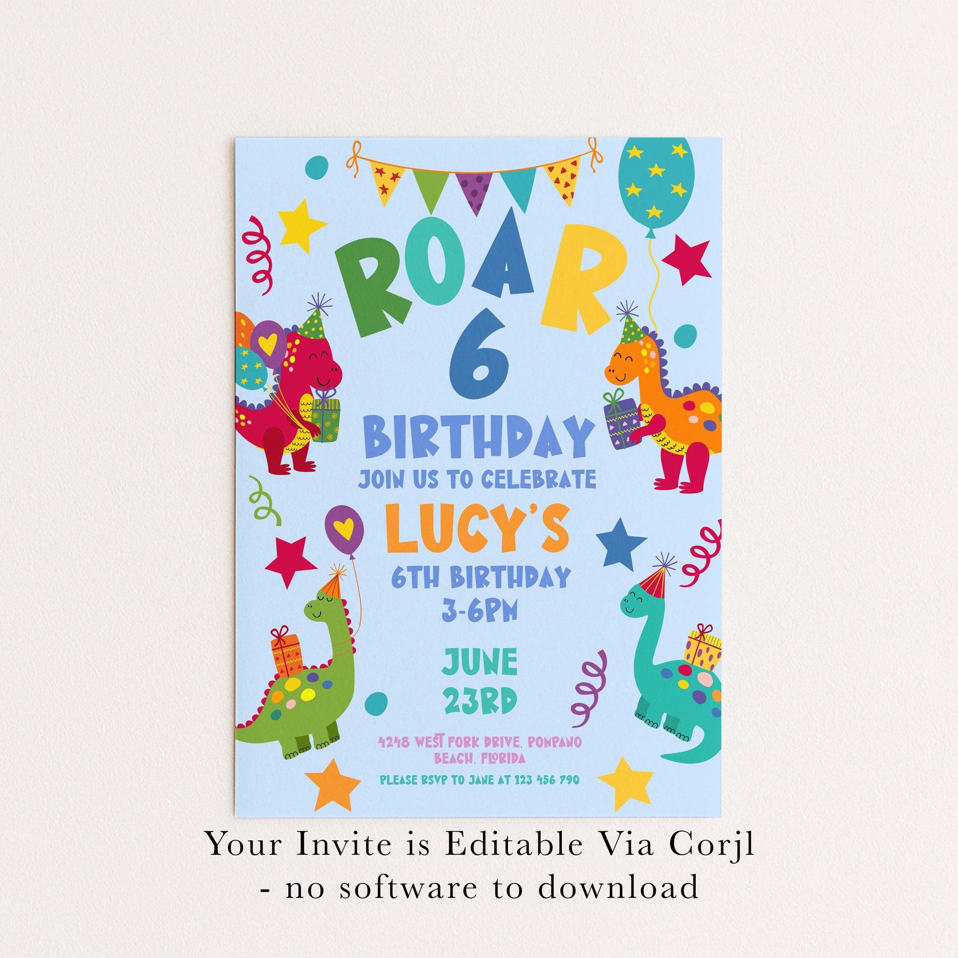 Birthday Invitation: Colorful Dinosaur Theme - Editable, Printable Invite