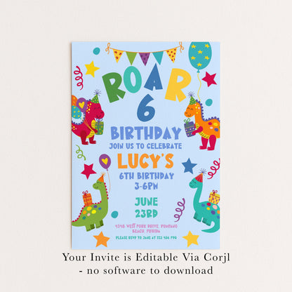 Birthday Invitation: Colorful Dinosaur Theme - Editable, Printable Invite