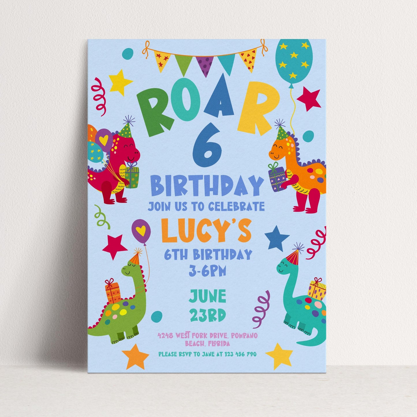 Birthday Invitation: Colorful Dinosaur Theme - Editable, Printable Invite