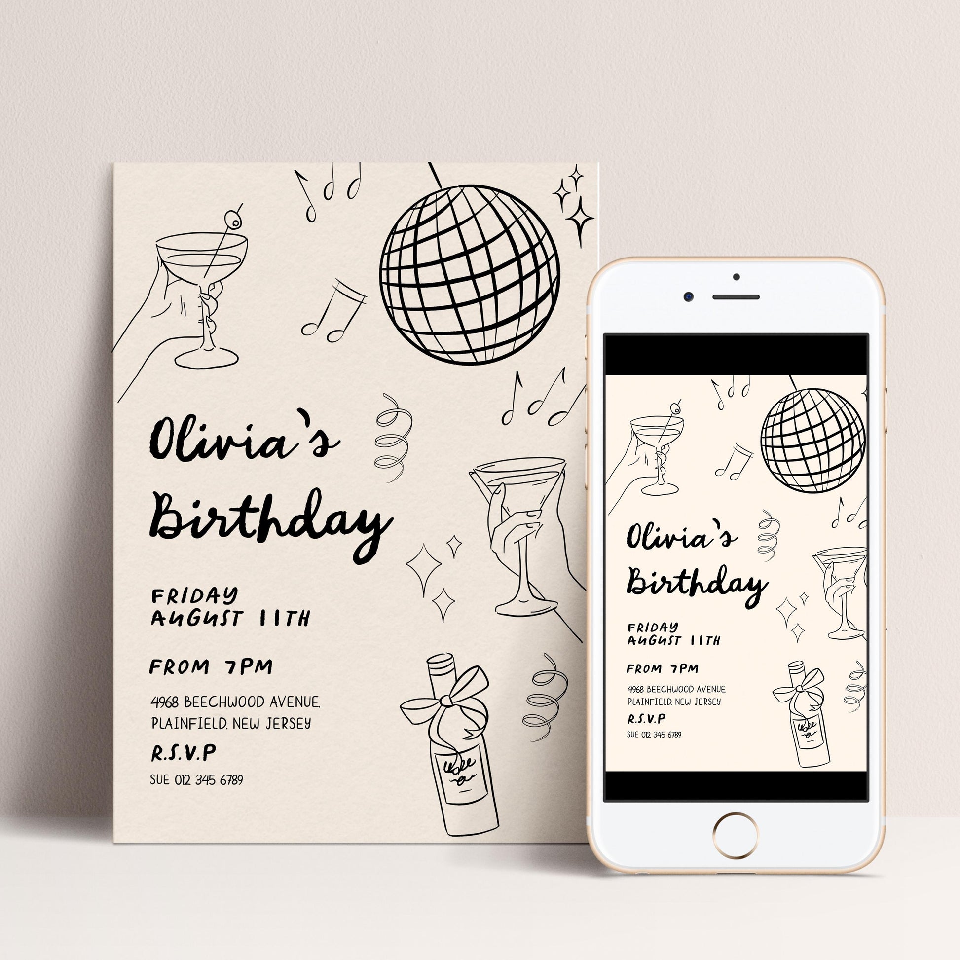 The image is a birthday party invitation for a girl named Olivia, featuring a disco ball, champagne glasses, and other party-related elements.