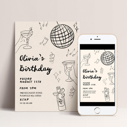 The image is a birthday party invitation for a girl named Olivia, featuring a disco ball, champagne glasses, and other party-related elements.