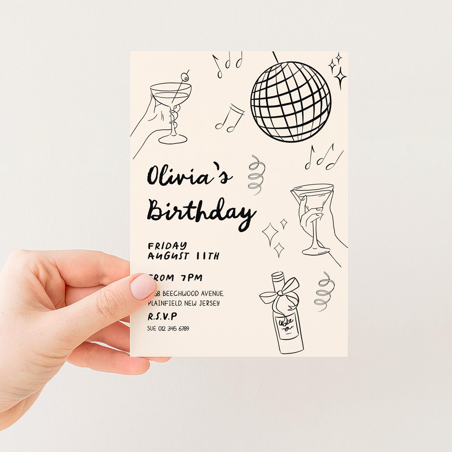 The image is a birthday invitation card for a girl named Olivia. It features various illustrations related to a party, such as a disco ball, champagne glasses, and a bottle of wine. The text on the card indicates that the event is taking place on Friday, August 11th, from 7 PM at the 38 Beechwood Avenue, New Jersey.