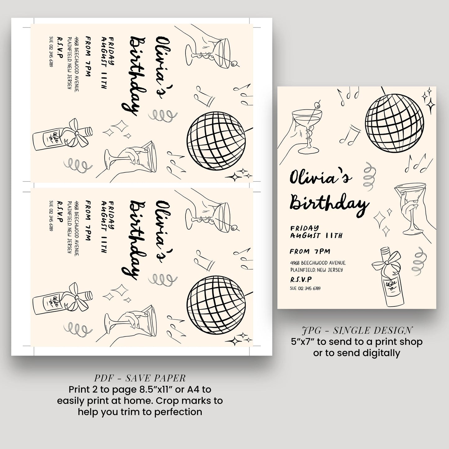 a birthday party invitation for a girl named Olivia. It features a design with various elements such as a globe, a bottle, and a cocktail glass, along with text and illustrations. The invitation is for a birthday party on Friday, August 11th, from 5:00 PM to 7:00 PM. It is a single design invitation, and the print size is 5"x7" or 4"x8". The invitation also includes instructions for sending the print to a print shop or digitally.