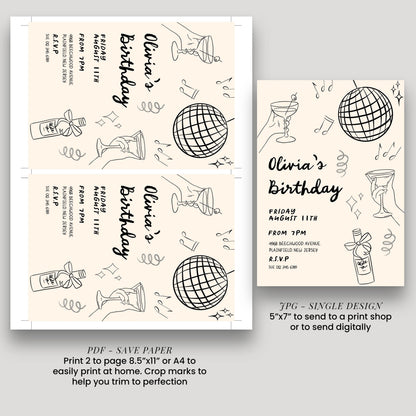 a birthday party invitation for a girl named Olivia. It features a design with various elements such as a globe, a bottle, and a cocktail glass, along with text and illustrations. The invitation is for a birthday party on Friday, August 11th, from 5:00 PM to 7:00 PM. It is a single design invitation, and the print size is 5"x7" or 4"x8". The invitation also includes instructions for sending the print to a print shop or digitally.