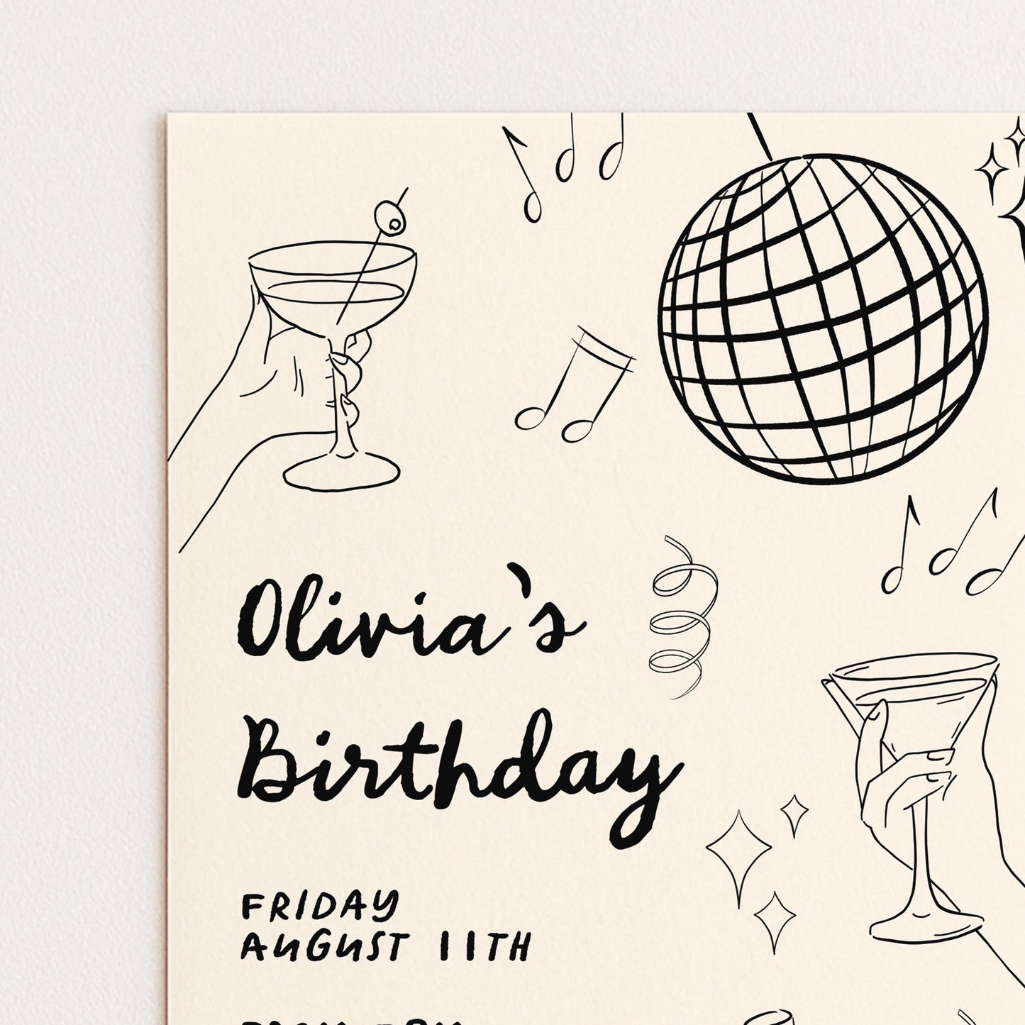 The image is a birthday party invitation for a girl named Olivia, which includes a hand holding a martini glass, a disco ball, and musical notes.