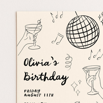 The image is a birthday party invitation for a girl named Olivia, which includes a hand holding a martini glass, a disco ball, and musical notes.