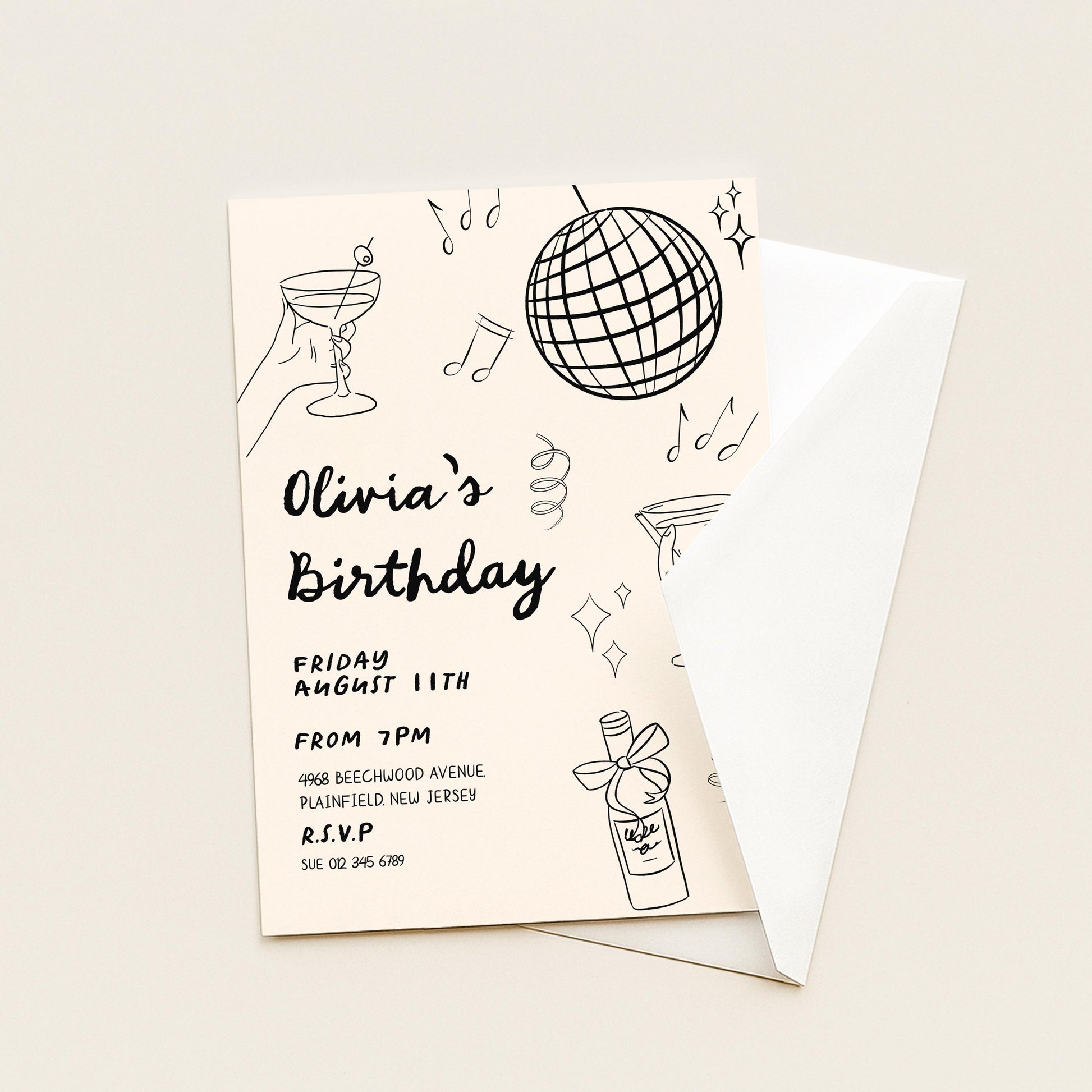 The image is a birthday invitation for a girl named Olivia, featuring a disco ball, a hand holding a drink, and various other decorative elements.