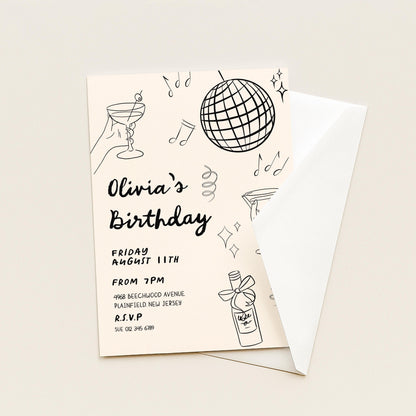 The image is a birthday invitation for a girl named Olivia, featuring a disco ball, a hand holding a drink, and various other decorative elements.