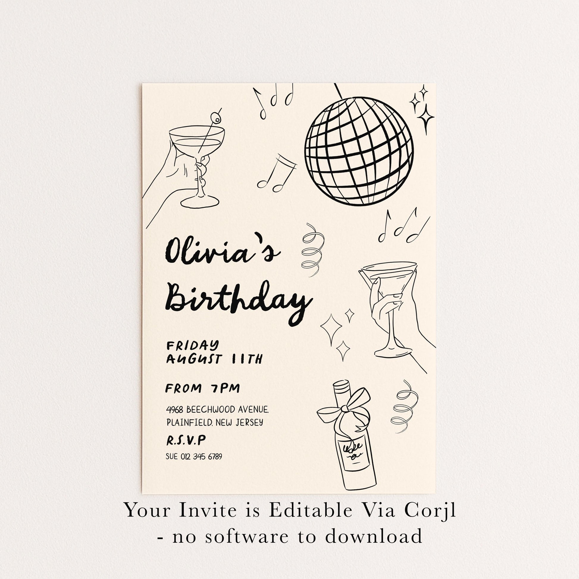 The image is a birthday party invitation featuring a disco ball, a hand holding a drink, and various party-related elements such as a bottle and a champagne glass.