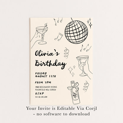 The image is a birthday party invitation featuring a disco ball, a hand holding a drink, and various party-related elements such as a bottle and a champagne glass.