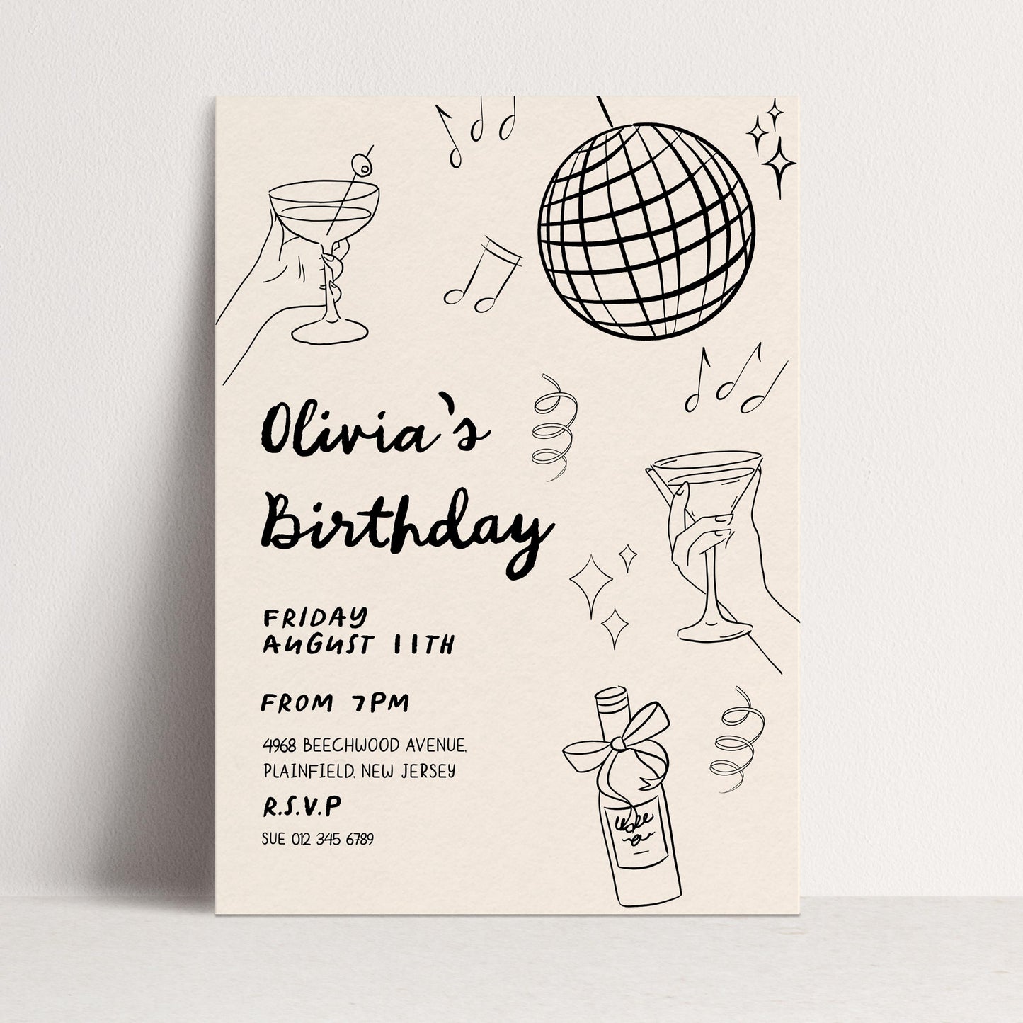 The image is a birthday invitation for a girl named Olivia, which includes various elements such as a disco ball, a hand holding a martini glass, and other decorative elements.
