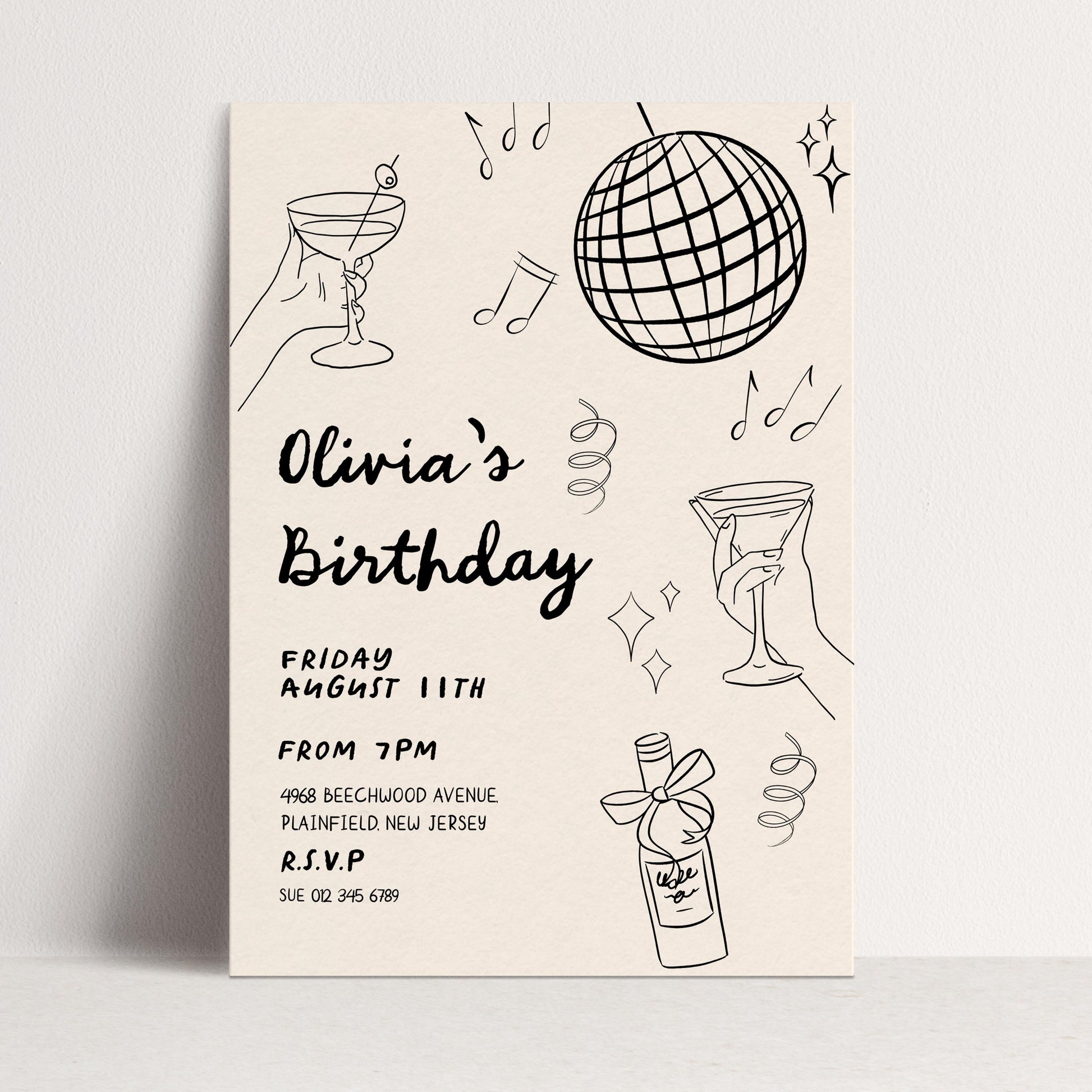 The image is a birthday invitation for a girl named Olivia, which includes various elements such as a disco ball, a hand holding a martini glass, and other decorative elements.