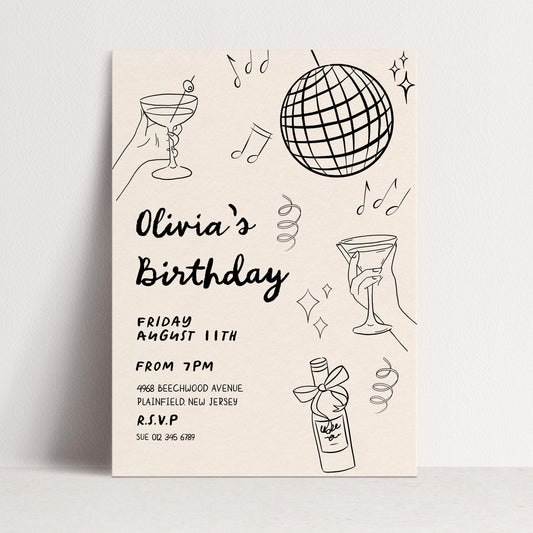 The image is a birthday invitation for a girl named Olivia, which includes various elements such as a disco ball, a hand holding a martini glass, and other decorative elements.