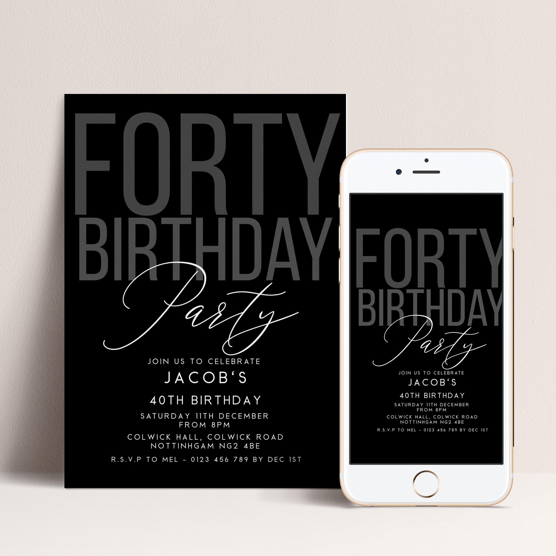 Editable 40th Birthday Invitation, Editable Black Forty Party Invite, Mens Adult Invitation Template, 40th BirthdayPrintable Template