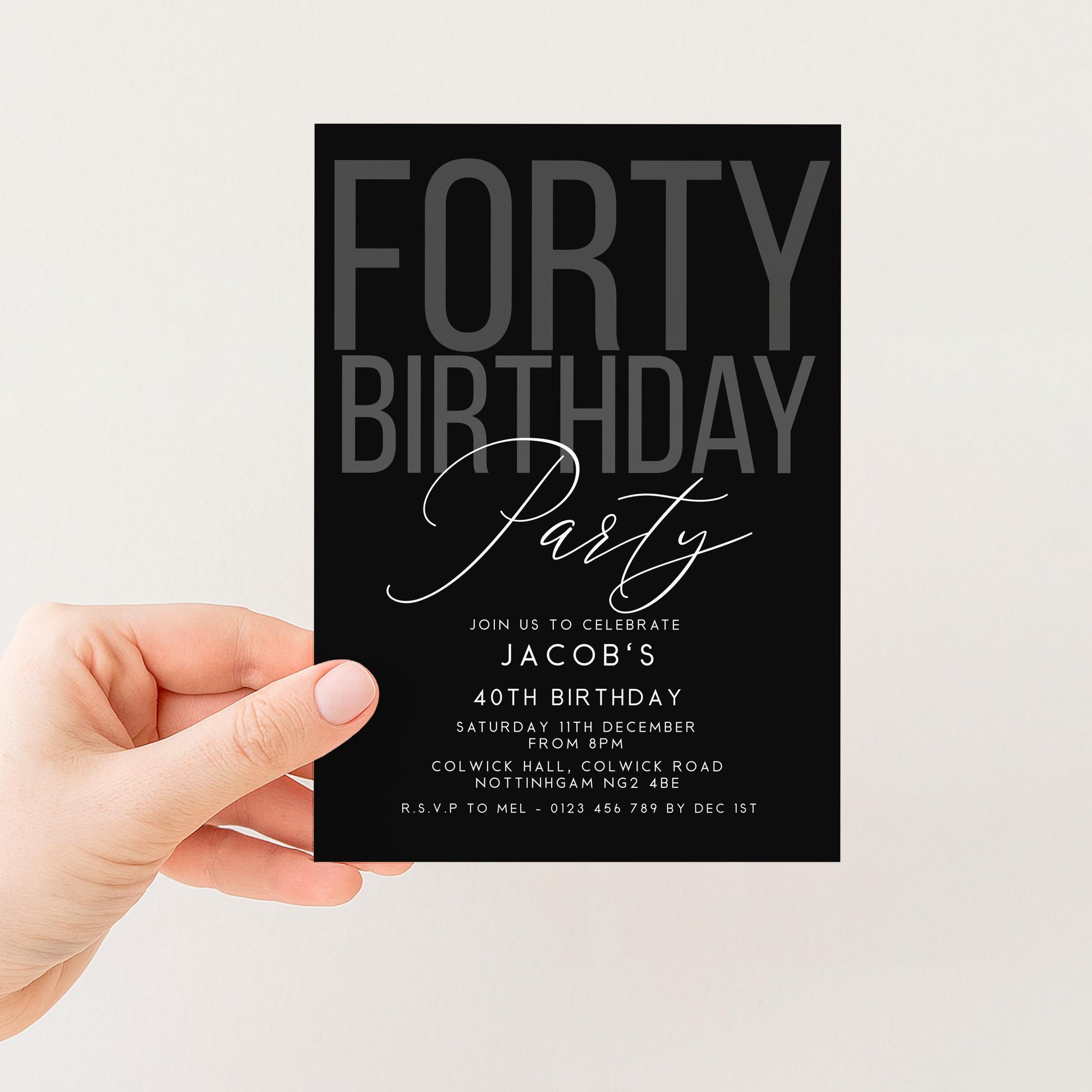 Editable 40th Birthday Invitation, Editable Black Forty Party Invite, Mens Adult Invitation Template, 40th BirthdayPrintable Template