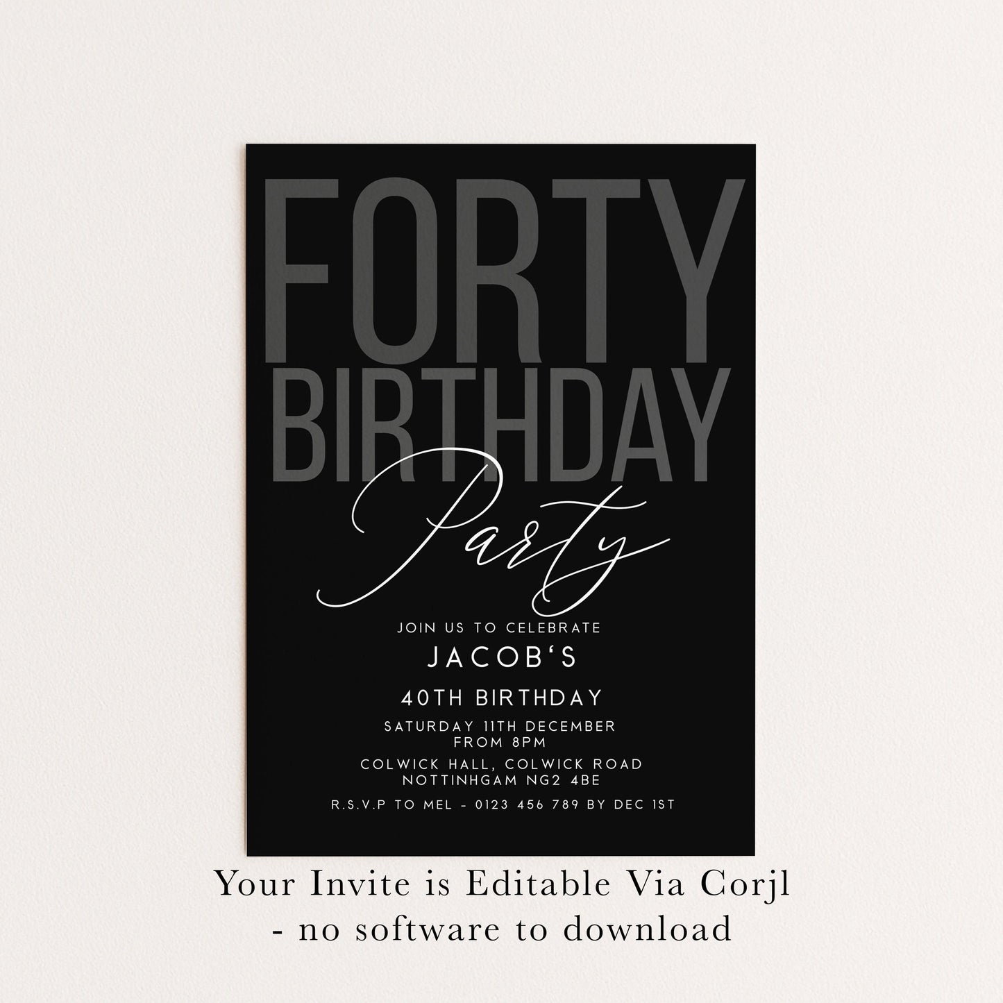 Editable 40th Birthday Invitation, Editable Black Forty Party Invite, Mens Adult Invitation Template, 40th BirthdayPrintable Template