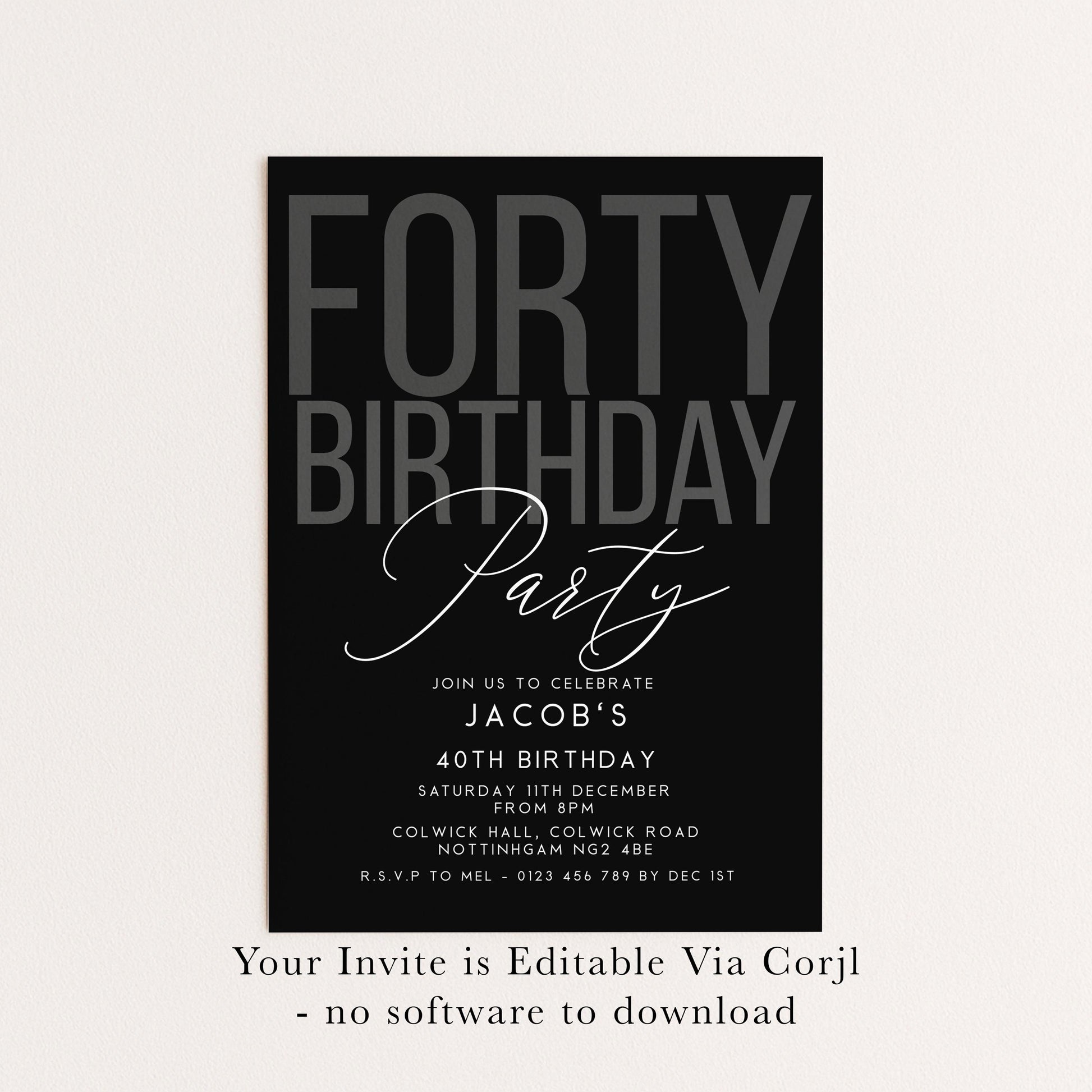 Editable 40th Birthday Invitation, Editable Black Forty Party Invite, Mens Adult Invitation Template, 40th BirthdayPrintable Template