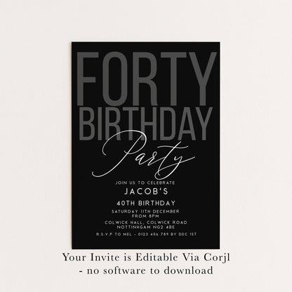 Editable 40th Birthday Invitation, Editable Black Forty Party Invite, Mens Adult Invitation Template, 40th BirthdayPrintable Template