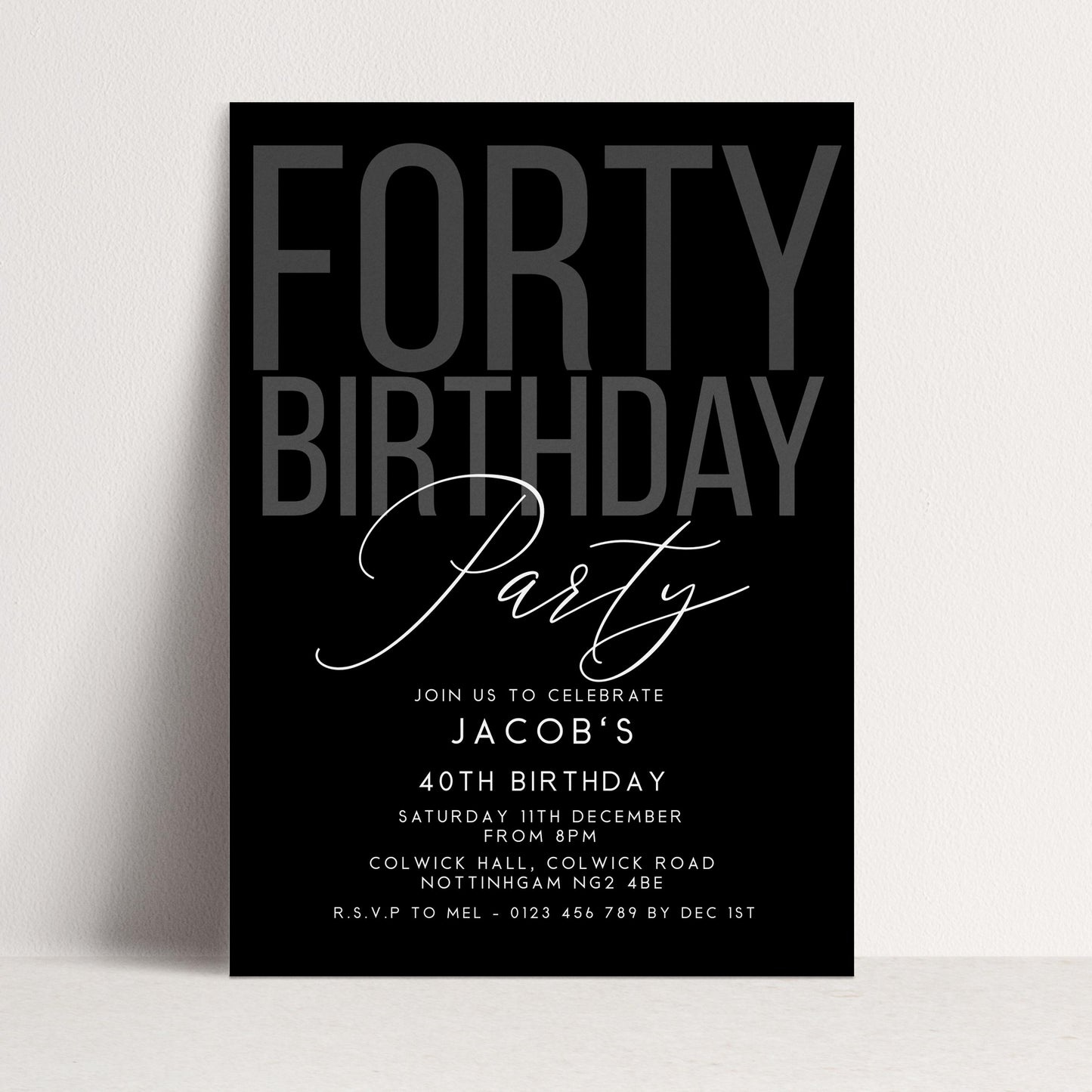 Editable 40th Birthday Invitation, Editable Black Forty Party Invite, Mens Adult Invitation Template, 40th BirthdayPrintable Template