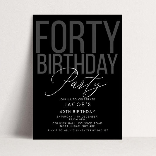 Editable 40th Birthday Invitation, Editable Black Forty Party Invite, Mens Adult Invitation Template, 40th BirthdayPrintable Template