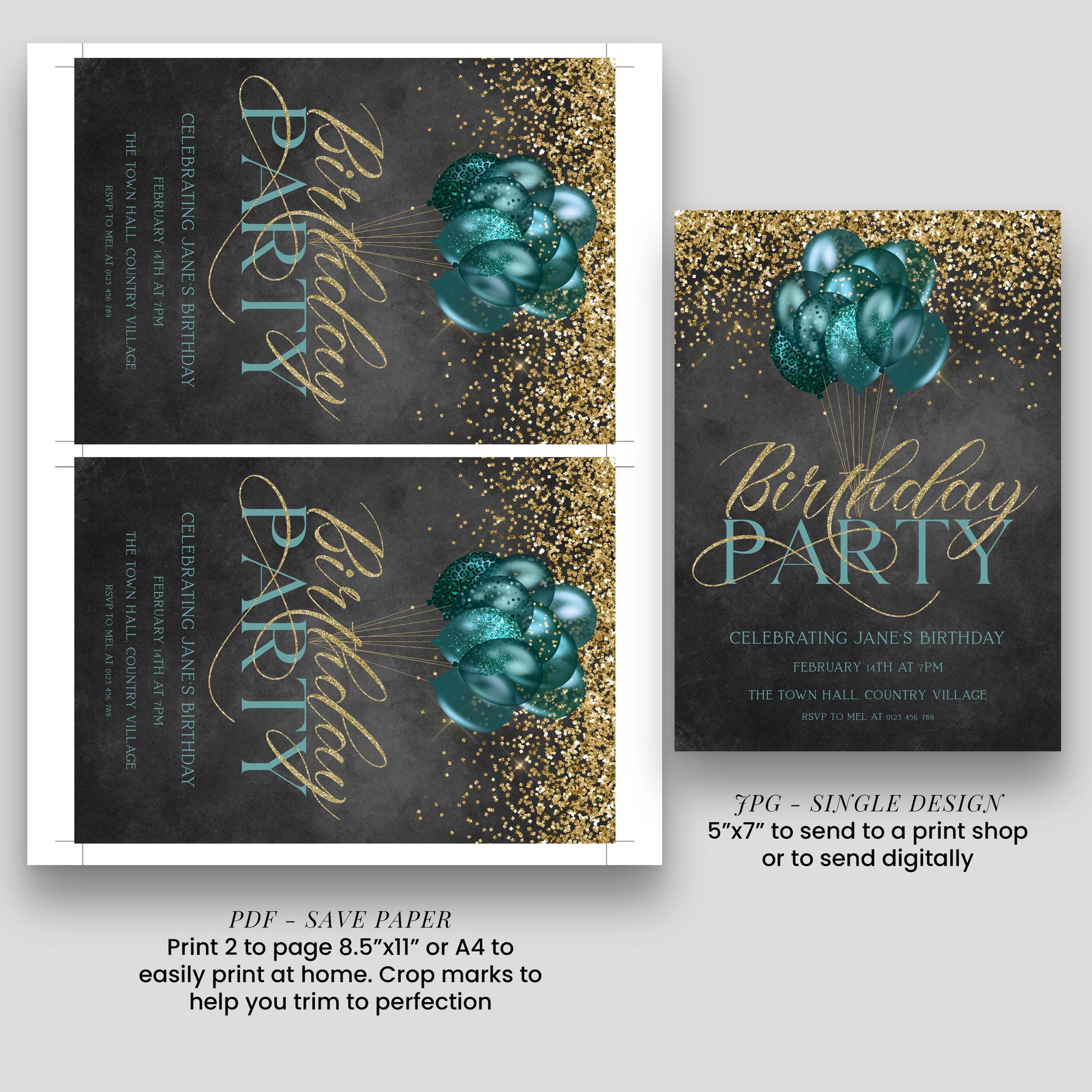 a black and gold birthday party card with balloons