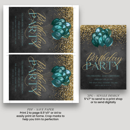 a black and gold birthday party card with balloons