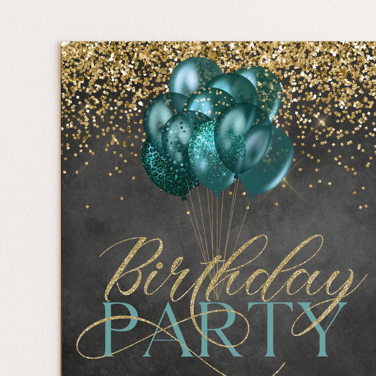 A birthday party invitation with teal and gold balloons floating against a dark background, and the text "Birthday Party" written in cursive.