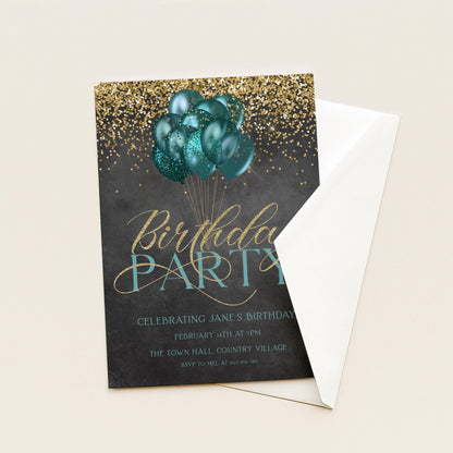 The image is a birthday party invitation card with a black background, gold glitter, and teal balloons. The text on the card announces a birthday party for Jane's birthday on February 14th at 7 PM at The Town Hall Country Village.