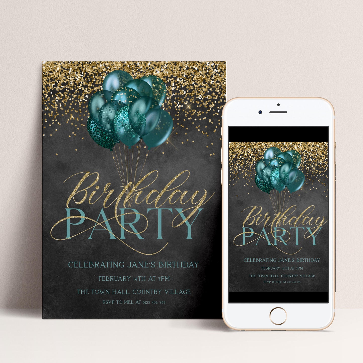 The image is a birthday party invitation featuring a black background with gold glitter and balloons, and the text "Birthday Party" prominently displayed.