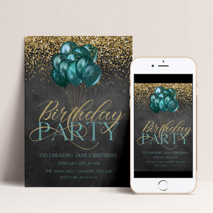 The image is a birthday party invitation featuring a black background with gold glitter and balloons, and the text "Birthday Party" prominently displayed.