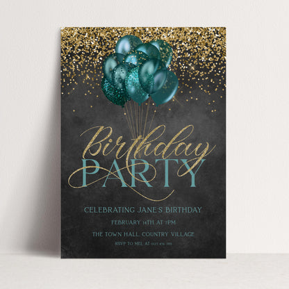 The image is a birthday party invitation featuring teal and gold balloons against a dark background with gold glitter.