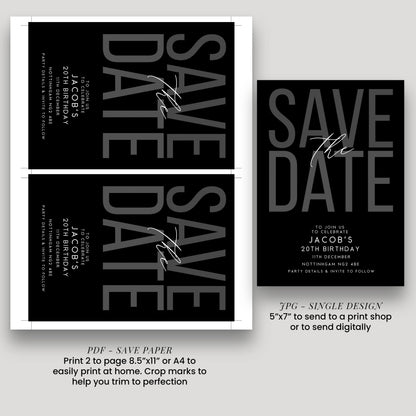 Editable Birthday Save the Date, Editable Black Mens Adult Invitation Template, Save the Date Printable Template