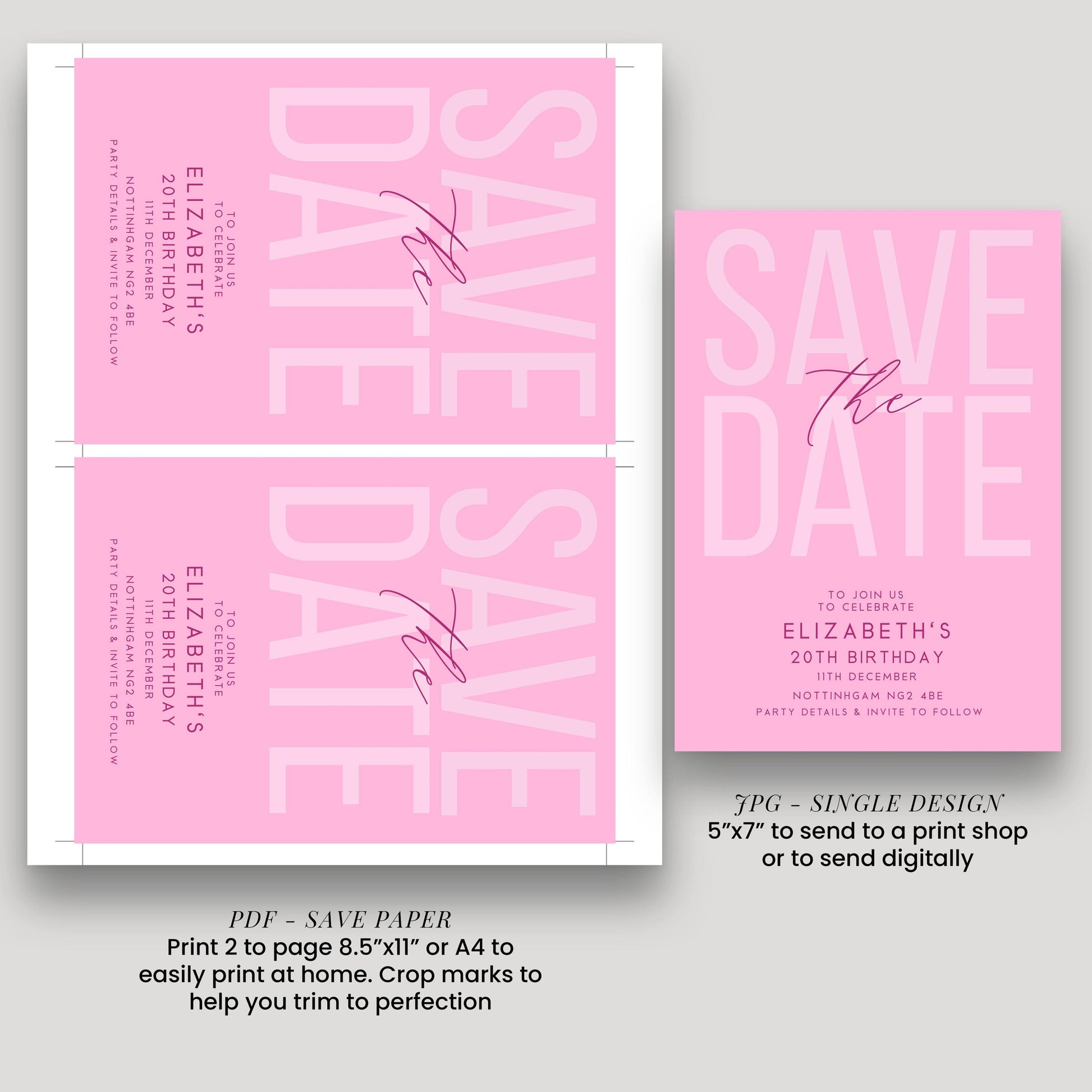 Editable Birthday Save the Date, Editable Pink Women's Adult Invitation Template, Save the Date Printable Template
