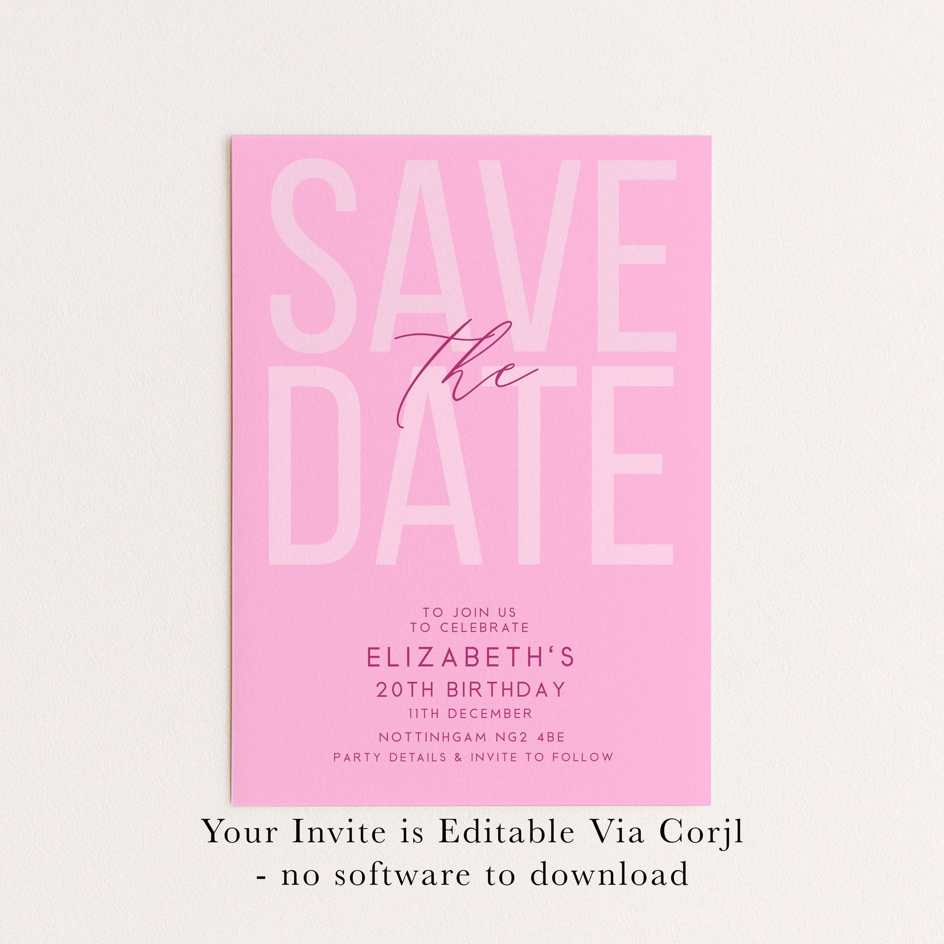 Editable Birthday Save the Date, Editable Pink Women's Adult Invitation Template, Save the Date Printable Template
