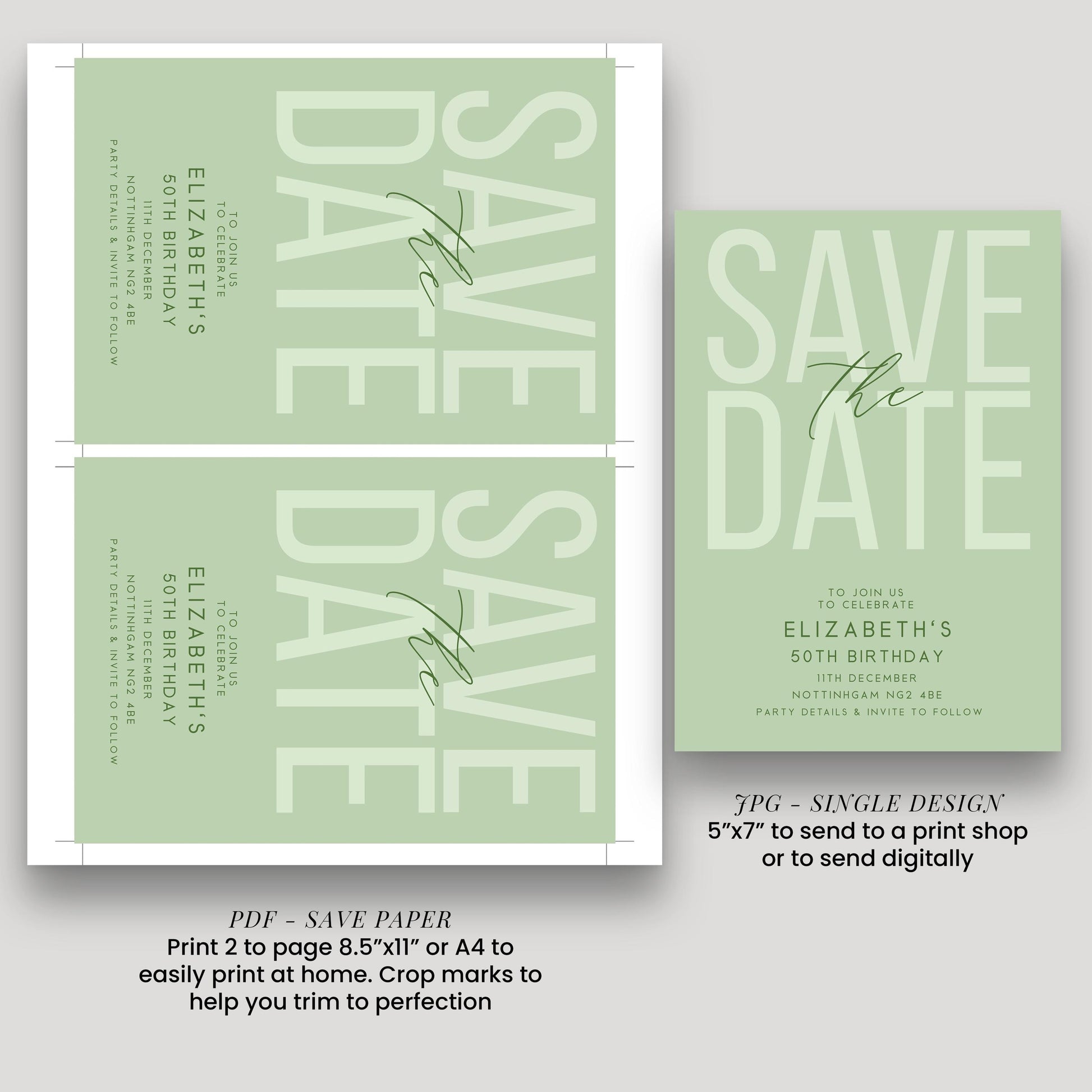Editable Birthday Save the Date, Editable Unisex Sage Adult Invitation Template, Save the Date Printable Template