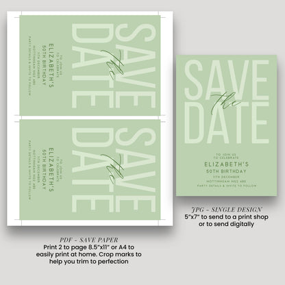 Editable Birthday Save the Date, Editable Unisex Sage Adult Invitation Template, Save the Date Printable Template