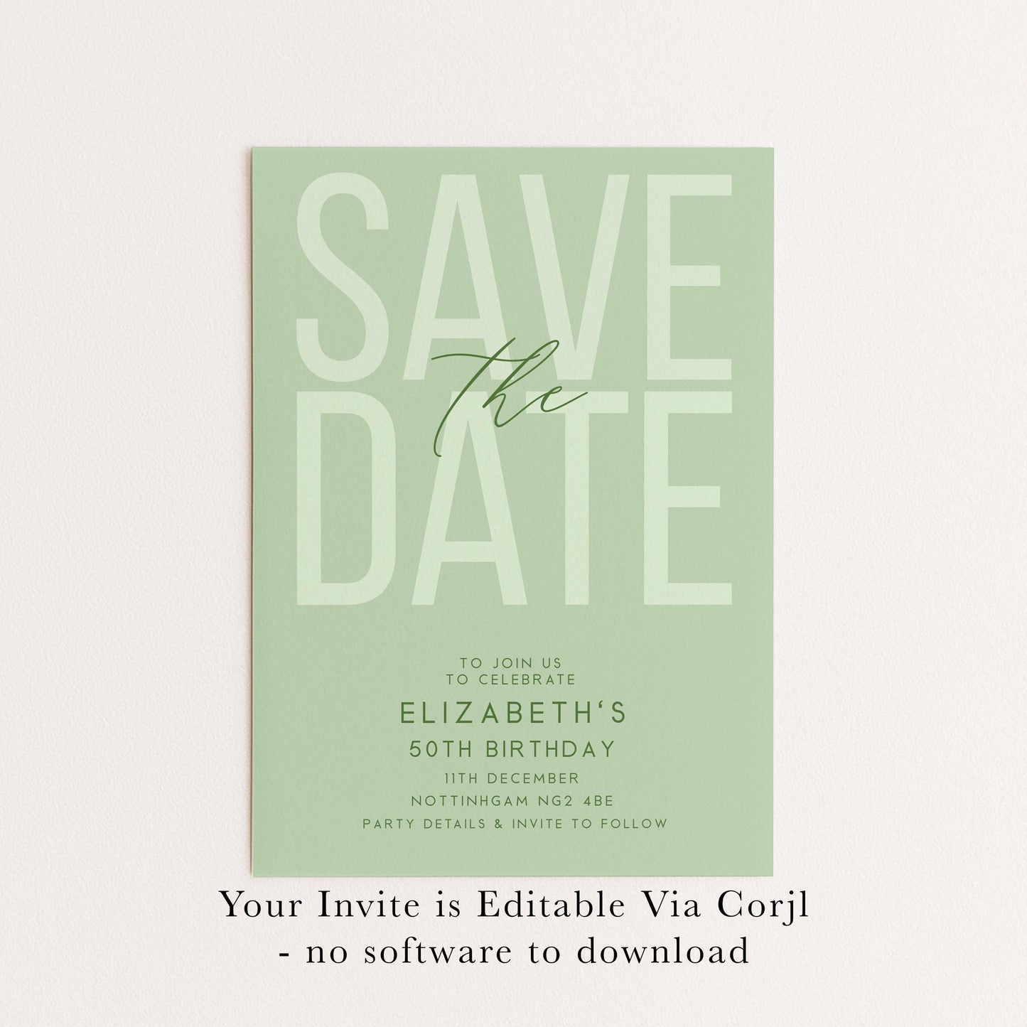 Editable Birthday Save the Date, Editable Unisex Sage Adult Invitation Template, Save the Date Printable Template