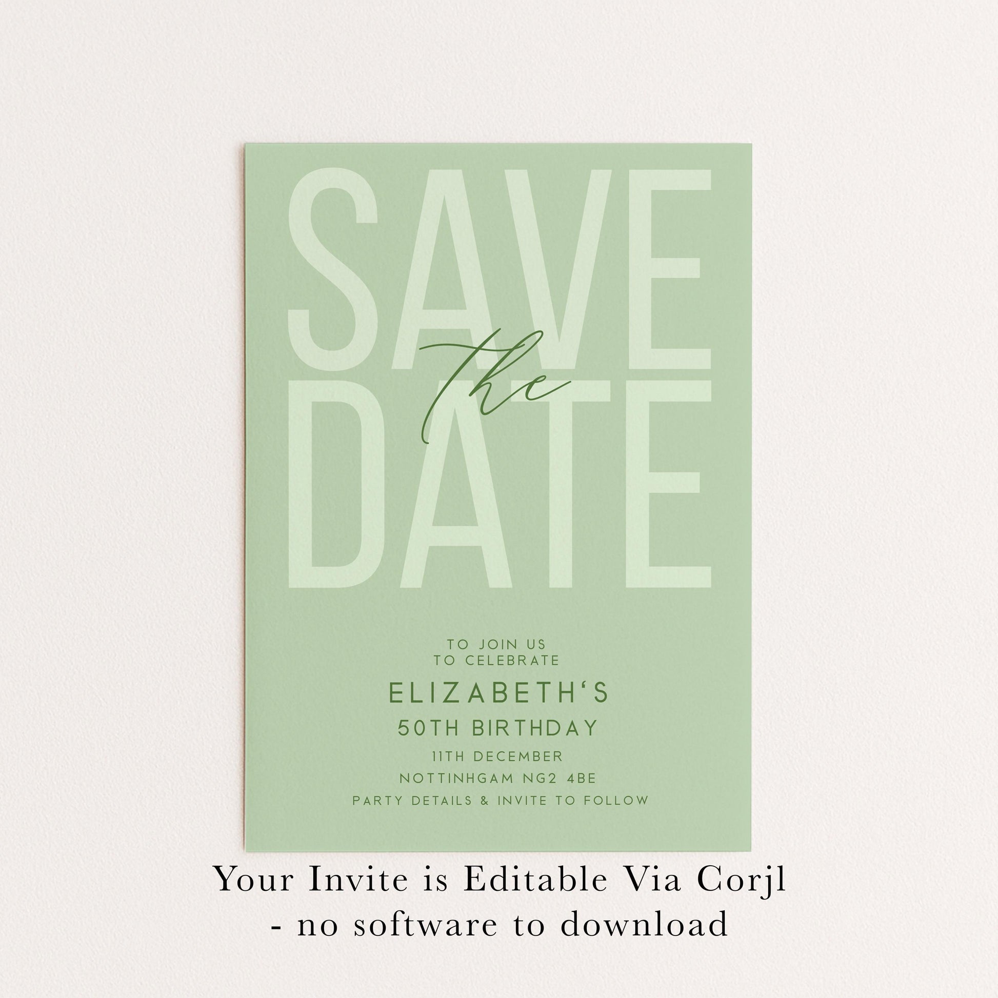 Editable Birthday Save the Date, Editable Unisex Sage Adult Invitation Template, Save the Date Printable Template